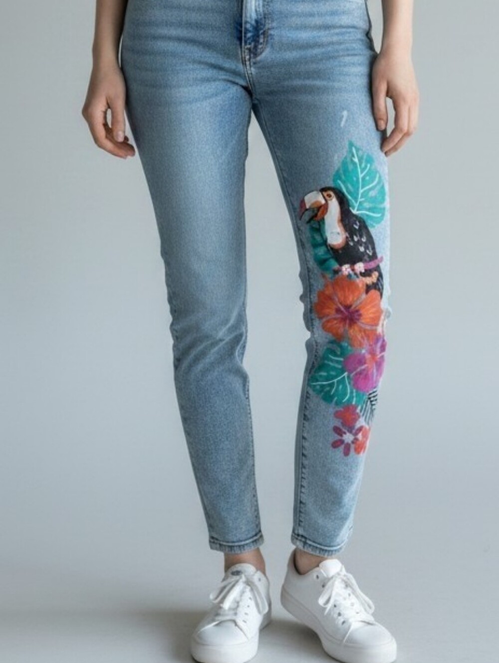 DIANE GILMAN Acid Blue Women's Jeans with Tropical Toucan